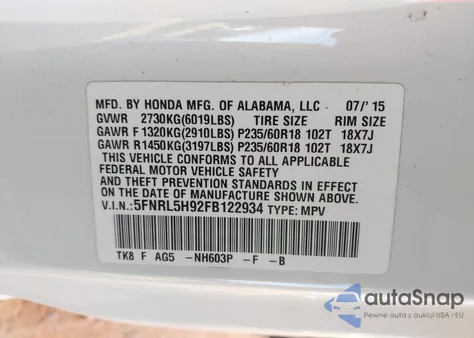 2015 Honda Odyssey Touring/Touring Elite from USA, damaged, VIN 5FNRL5H92FB122934
